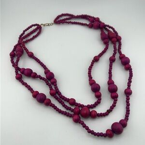 Wooden Vibrant Fushia Triple Strand Necklace Length 22” Longest 26”‎